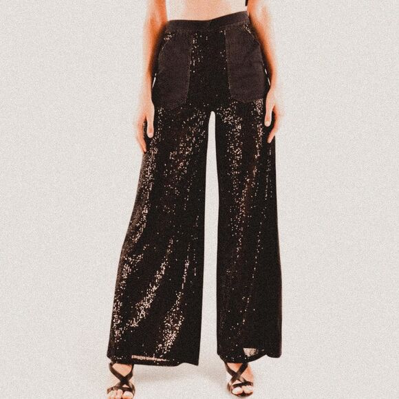 PINKO Parker Plus Black Sequin Palazzo Trousers – Glam Statement Pants (Sz 26) - Picture 1 of 8